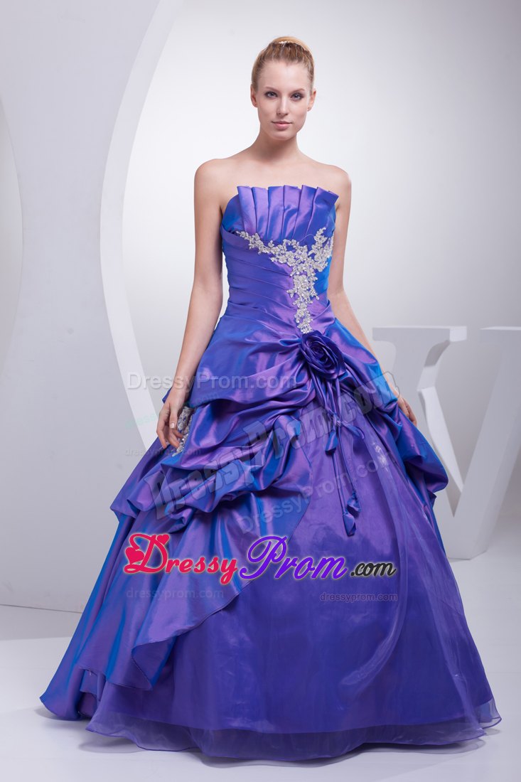 Pick-ups A-line Purple Quinceanera Dress with Appliques and Hand Flower