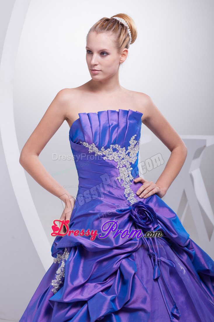 Pick-ups A-line Purple Quinceanera Dress with Appliques and Hand Flower