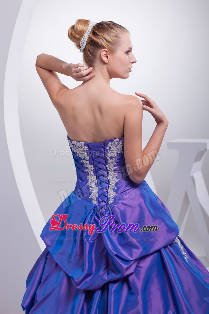 Pick-ups A-line Purple Quinceanera Dress with Appliques and Hand Flower