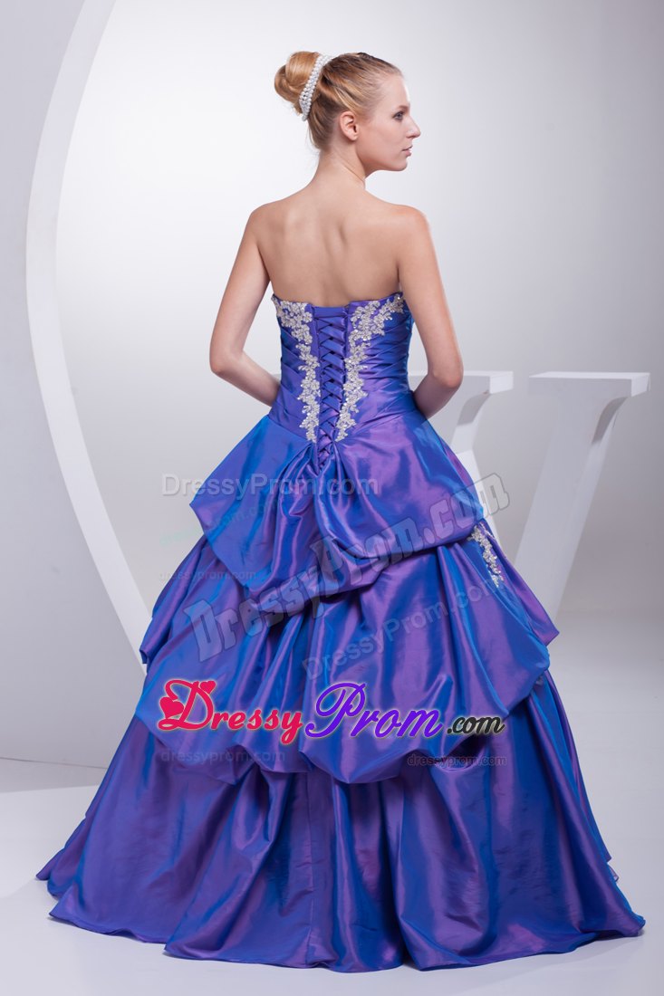 Pick-ups A-line Purple Quinceanera Dress with Appliques and Hand Flower