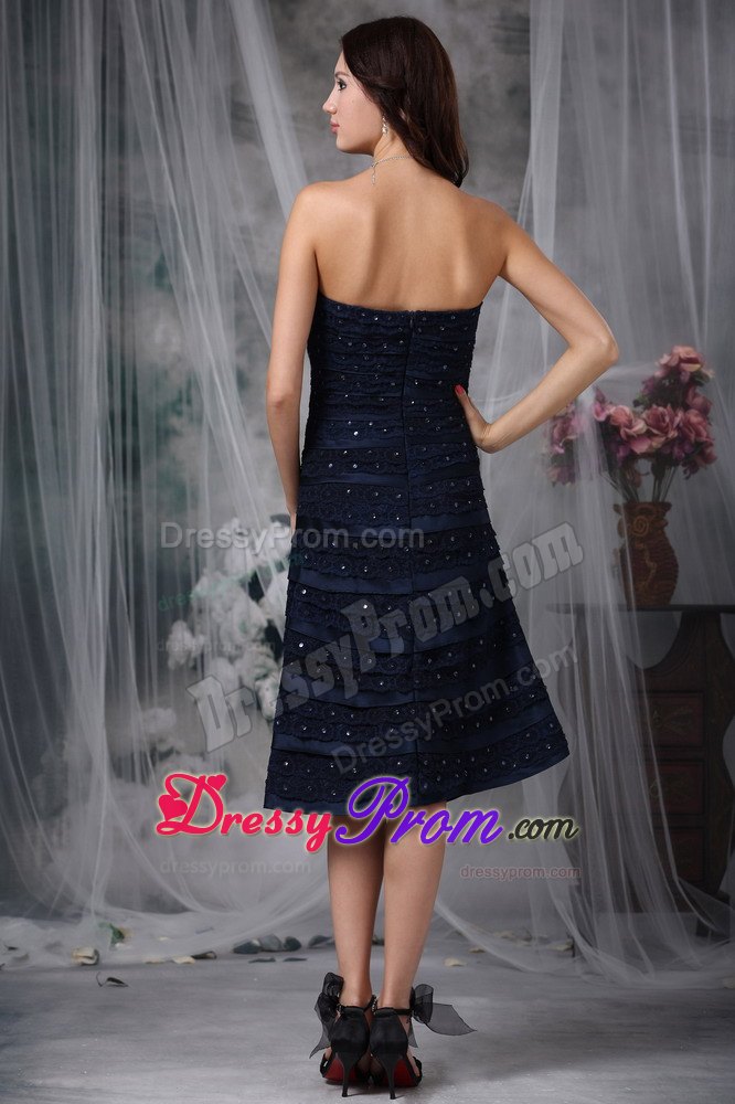 Navy Blue Bridesmaid Dress with Knee-length in Satin and Lace