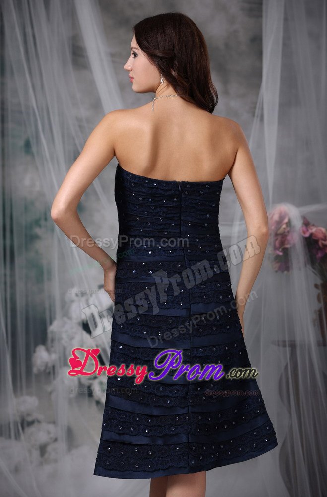 Navy Blue Bridesmaid Dress with Knee-length in Satin and Lace