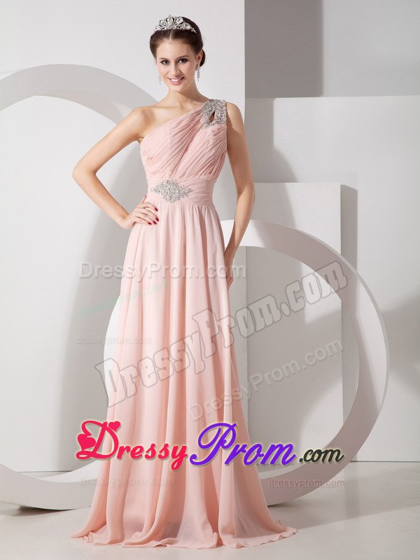 One Shoulder Chiffon Prom Dress with Ruche and Brush Train