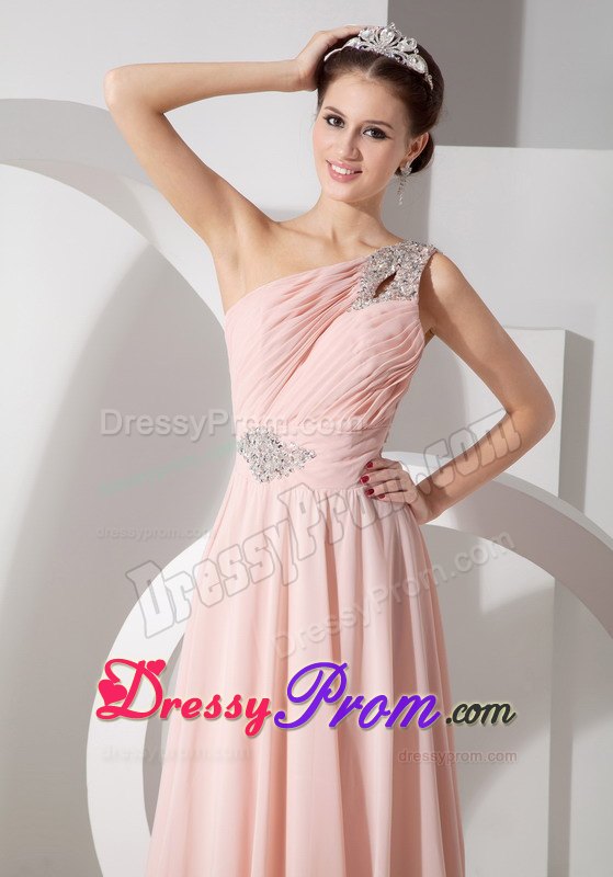 One Shoulder Chiffon Prom Dress with Ruche and Brush Train