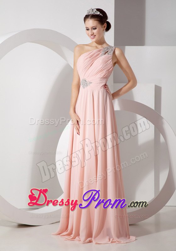 One Shoulder Chiffon Prom Dress with Ruche and Brush Train