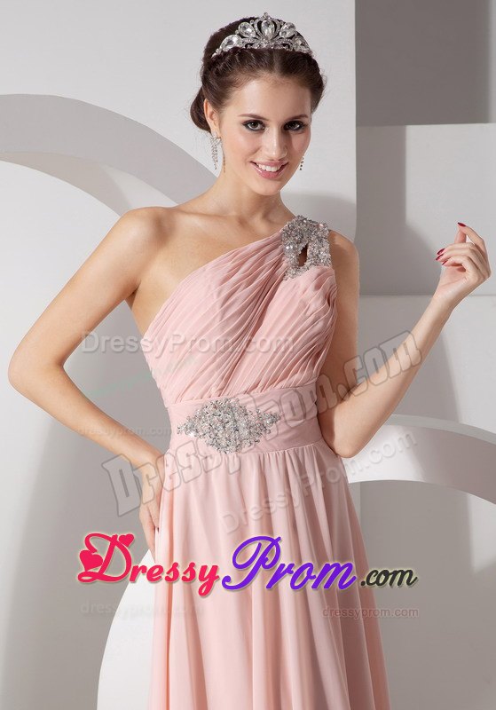 One Shoulder Chiffon Prom Dress with Ruche and Brush Train