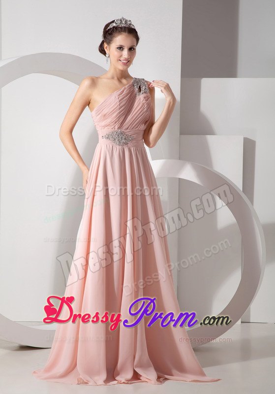 One Shoulder Chiffon Prom Dress with Ruche and Brush Train