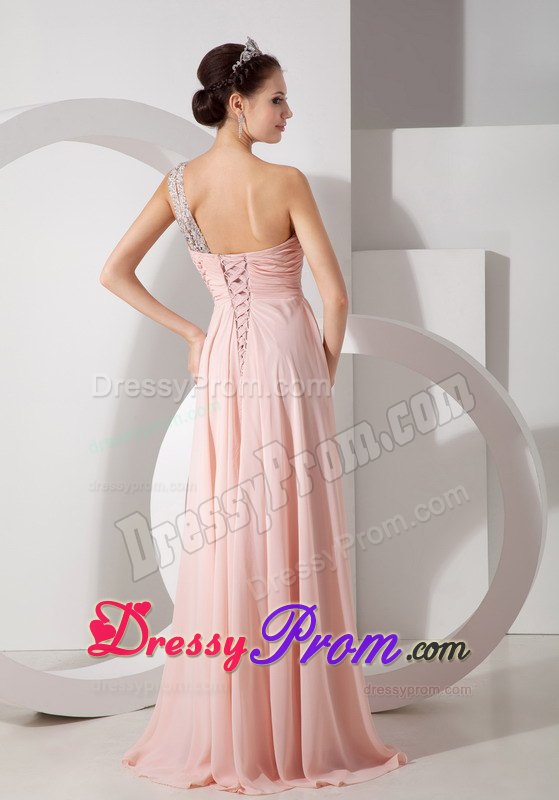 One Shoulder Chiffon Prom Dress with Ruche and Brush Train