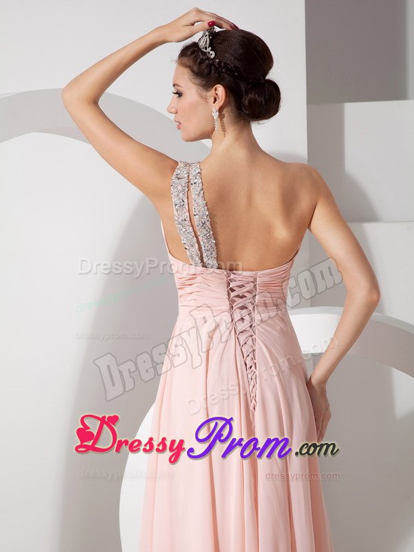 One Shoulder Chiffon Prom Dress with Ruche and Brush Train