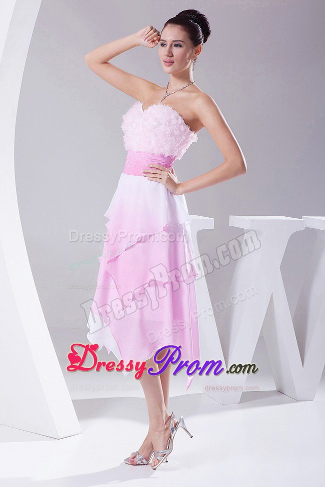 Pink Sweetheart Prom Dress with Hand Made Flowers and Ruffles