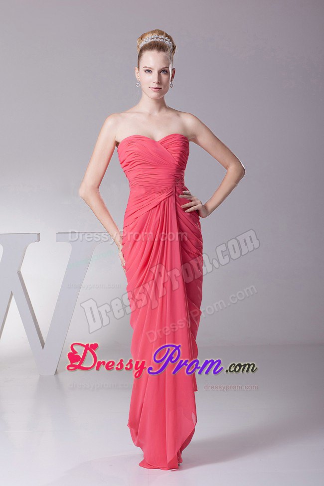 Chiffon Coral Red Sweetheart Prom Dress With Ruched Over Skirt