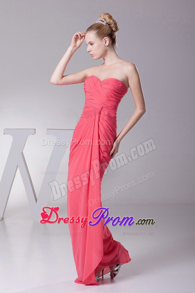 Chiffon Coral Red Sweetheart Prom Dress With Ruched Over Skirt