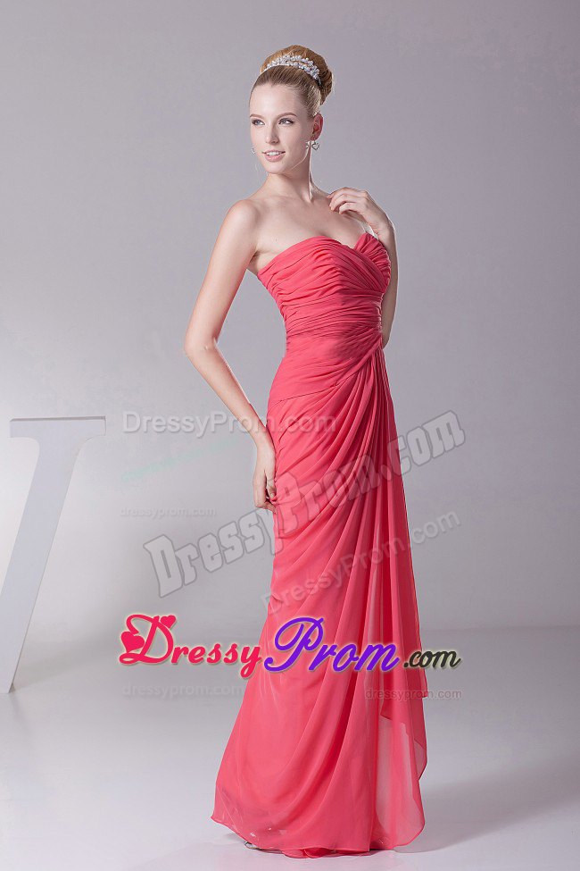 Chiffon Coral Red Sweetheart Prom Dress With Ruched Over Skirt