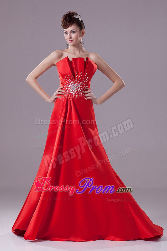 A-line Red Prom Dress with Beading and Brush Train in Satin