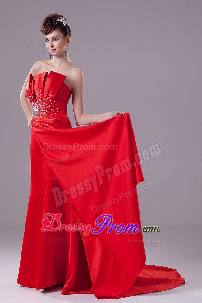 A-line Red Prom Dress with Beading and Brush Train in Satin