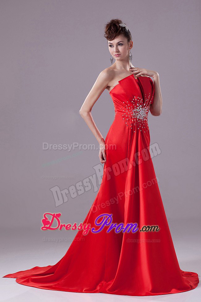 A-line Red Prom Dress with Beading and Brush Train in Satin