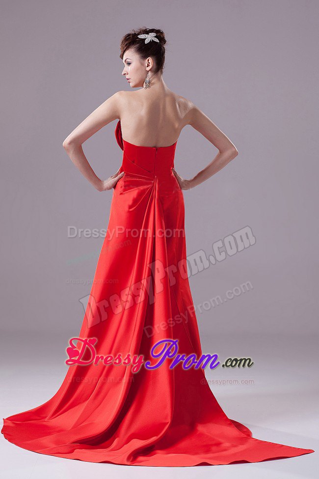 A-line Red Prom Dress with Beading and Brush Train in Satin