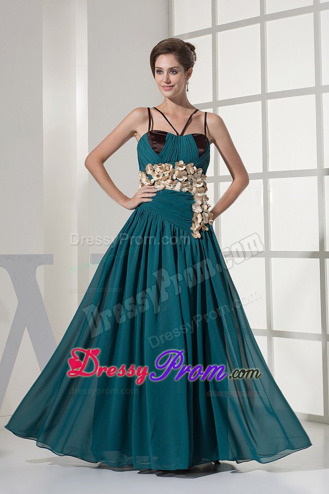 Ruched Prom Dress With Hand Made Flowers and Straps in Teal