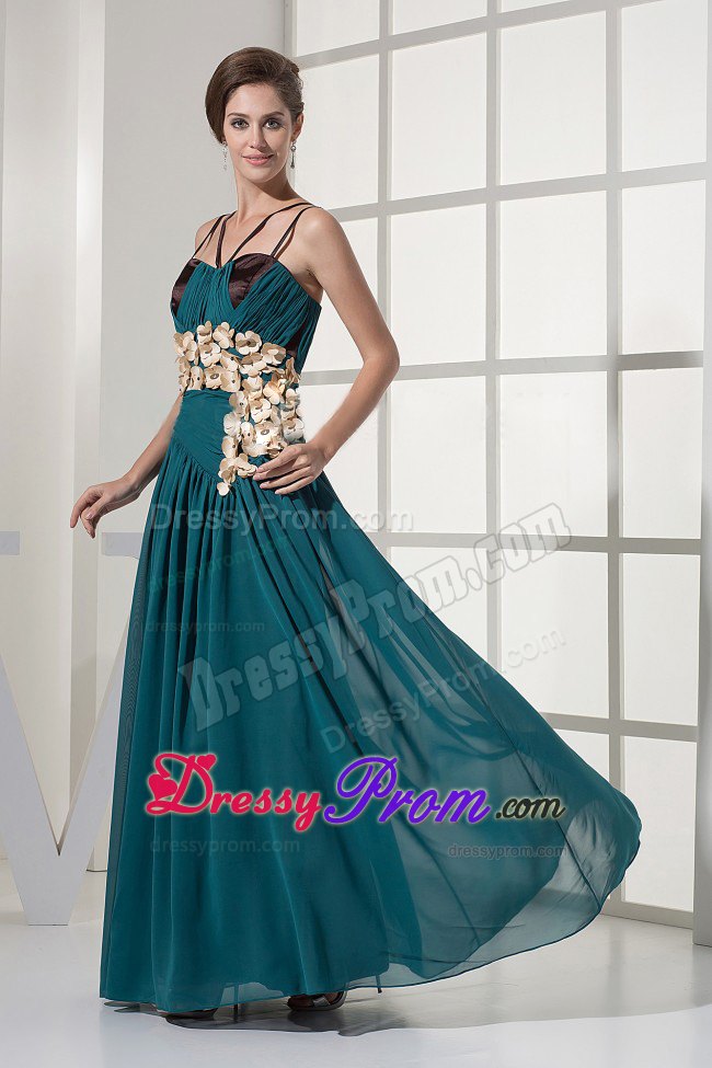 Ruched Prom Dress With Hand Made Flowers and Straps in Teal