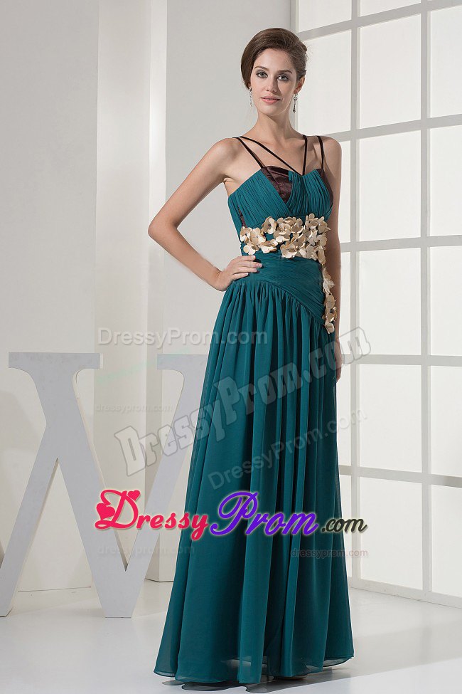 Ruched Prom Dress With Hand Made Flowers and Straps in Teal