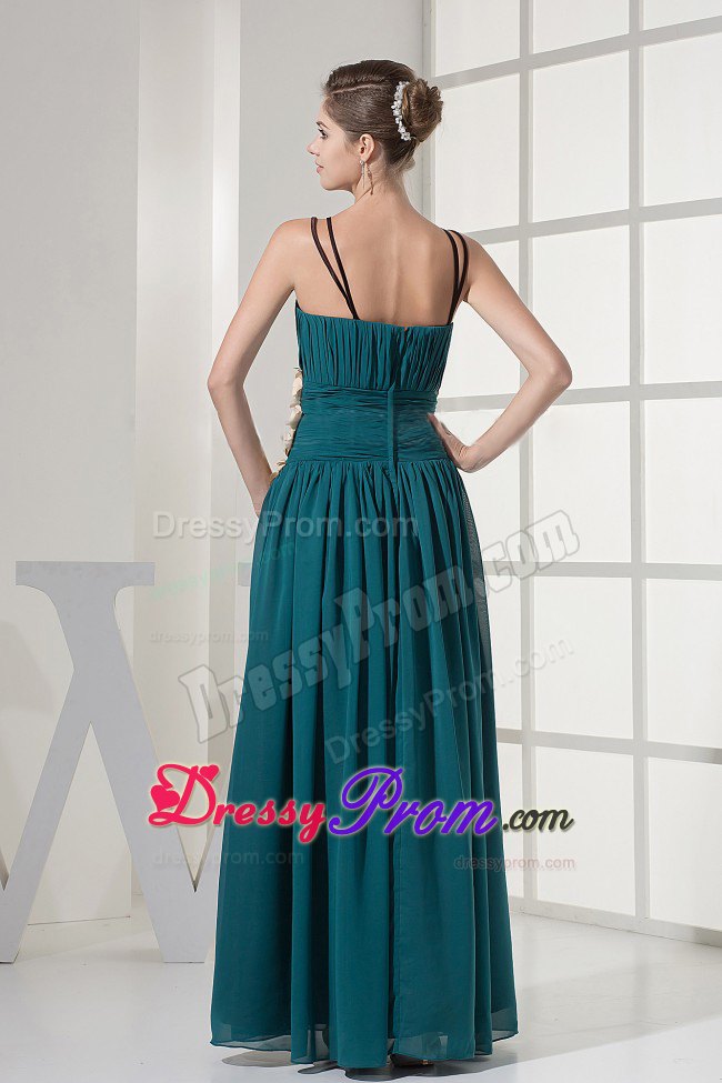 Ruched Prom Dress With Hand Made Flowers and Straps in Teal