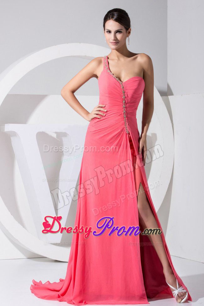 2013 Prom Dress with One Shoulder Strap in Watermelon Red