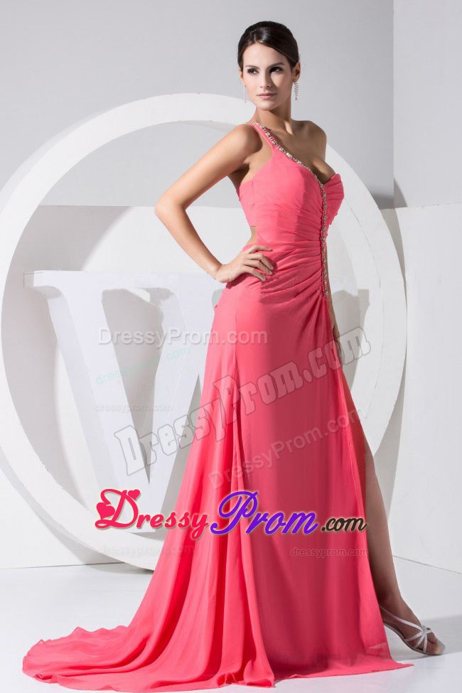2013 Prom Dress with One Shoulder Strap in Watermelon Red
