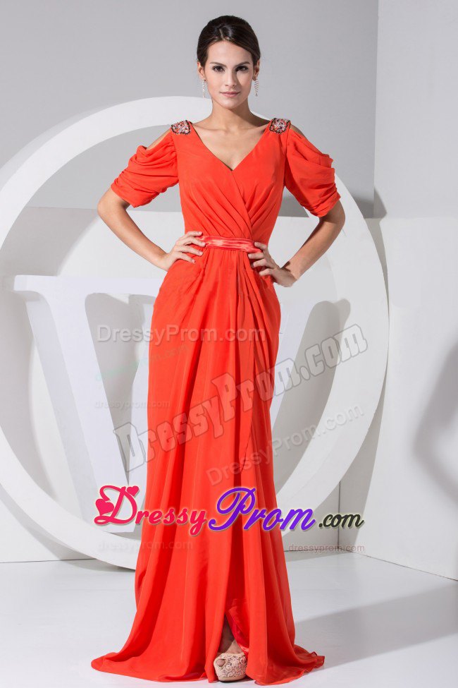 2013Short Sleeves Ruched 2013 V-neck Beading Prom Dress
