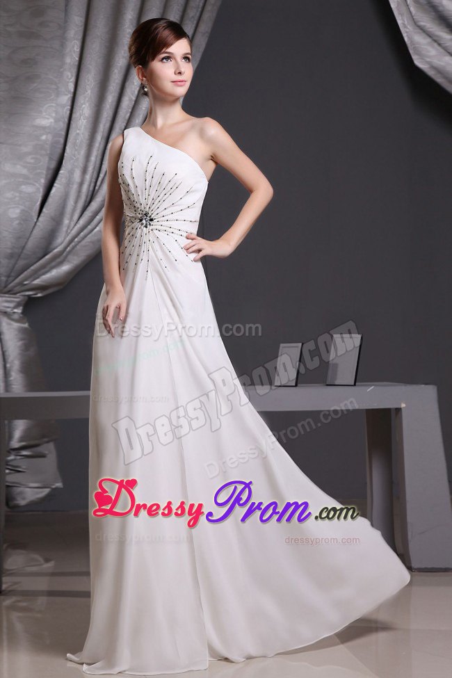 White Custom Made One Shoulder Beaded Chiffon Prom Dress