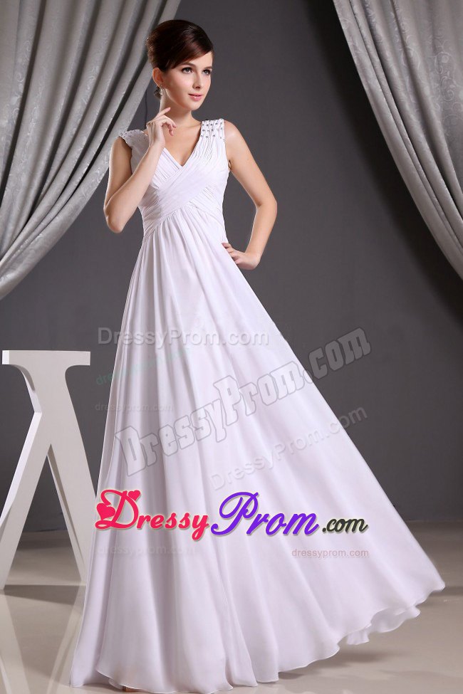 Discount White V-neck Beading and Ruched Floor-length Prom Gown