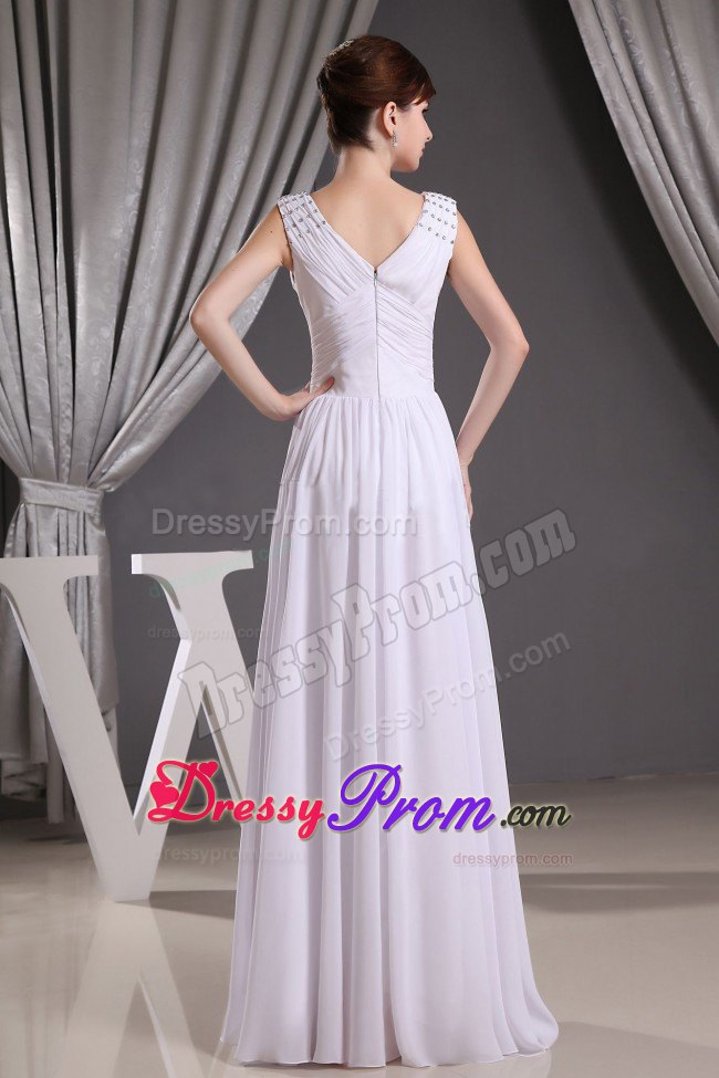 Discount White V-neck Beading and Ruched Floor-length Prom Gown
