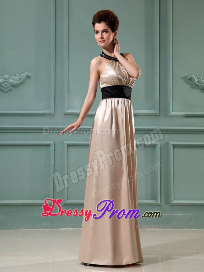 Discount Champagne Column Belt Floor-length Halter Prom Dress