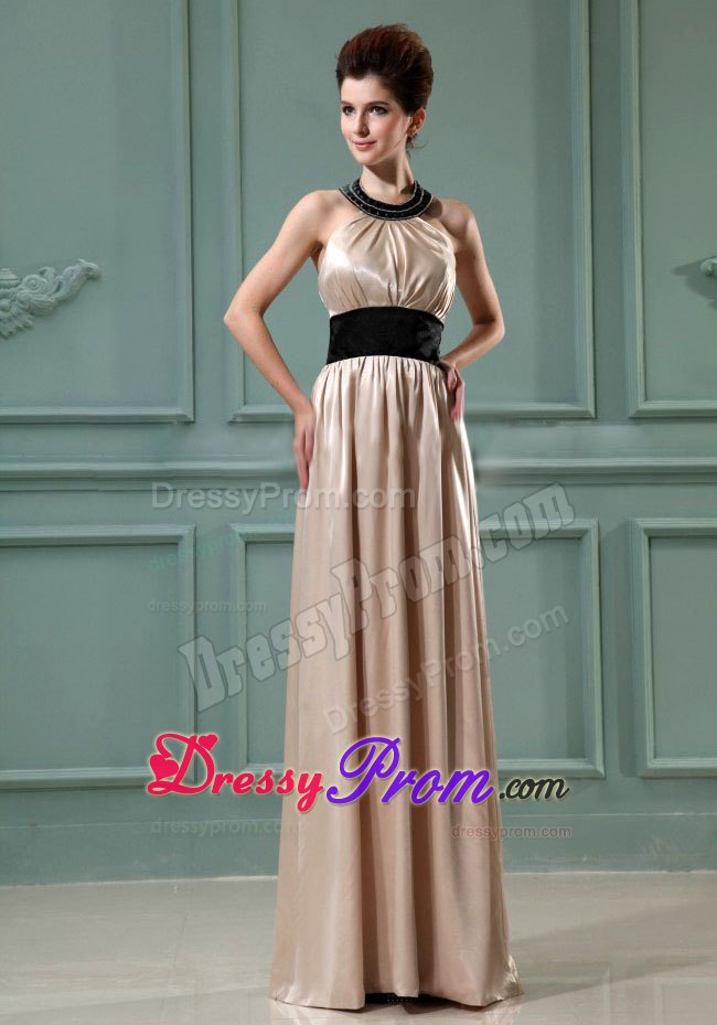 Discount Champagne Column Belt Floor-length Halter Prom Dress