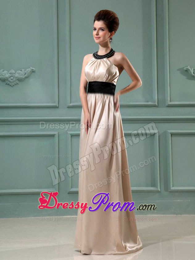 Discount Champagne Column Belt Floor-length Halter Prom Dress
