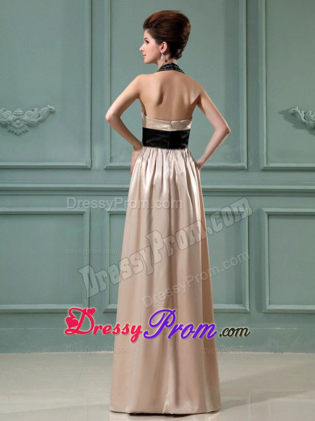 Discount Champagne Column Belt Floor-length Halter Prom Dress