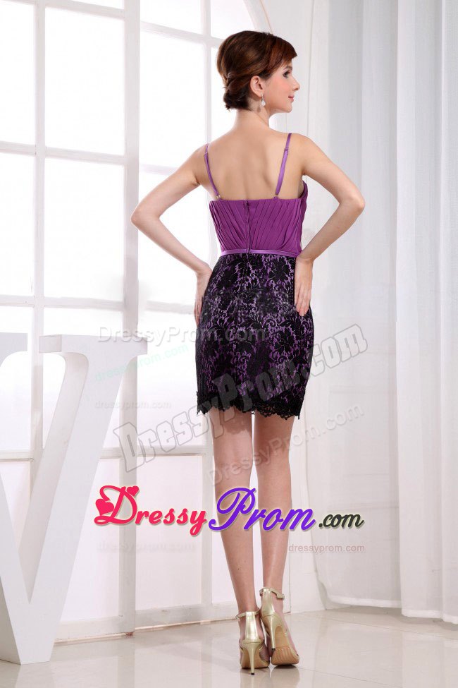Caen Fuchsia Mini-length Straps Prom Dress with Lace and Ruche