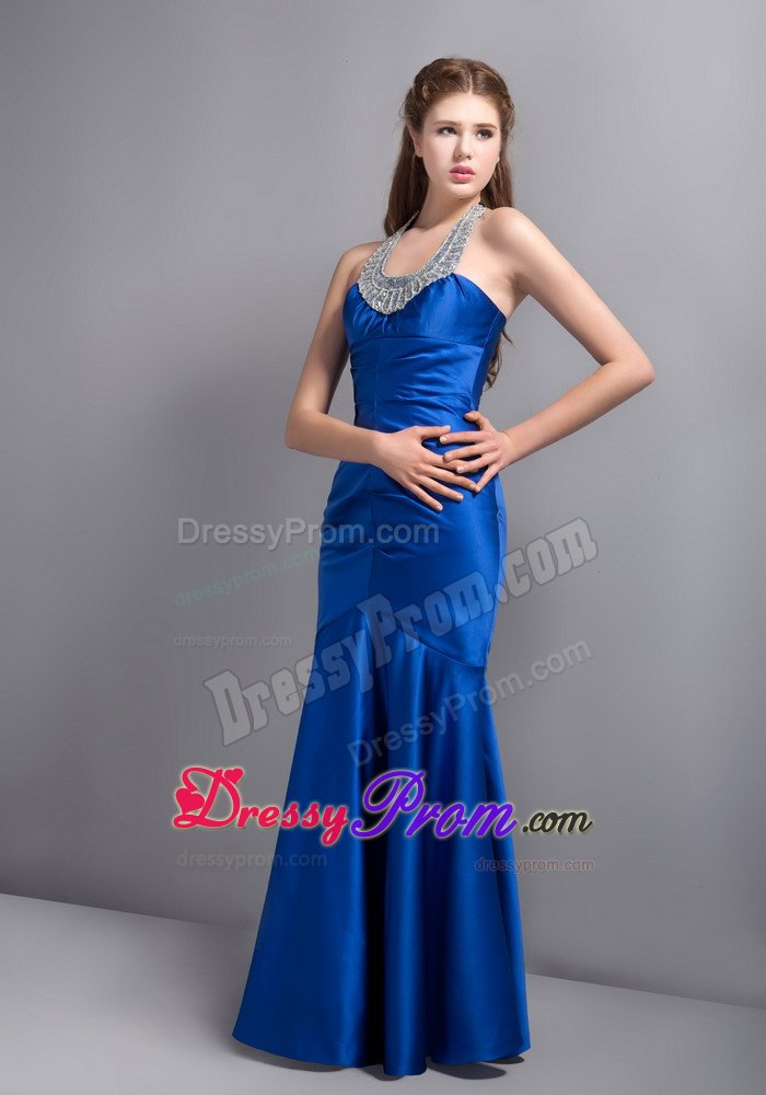 2013 Customize Royal Blue Beaded Halter Mermaid Prom Gown