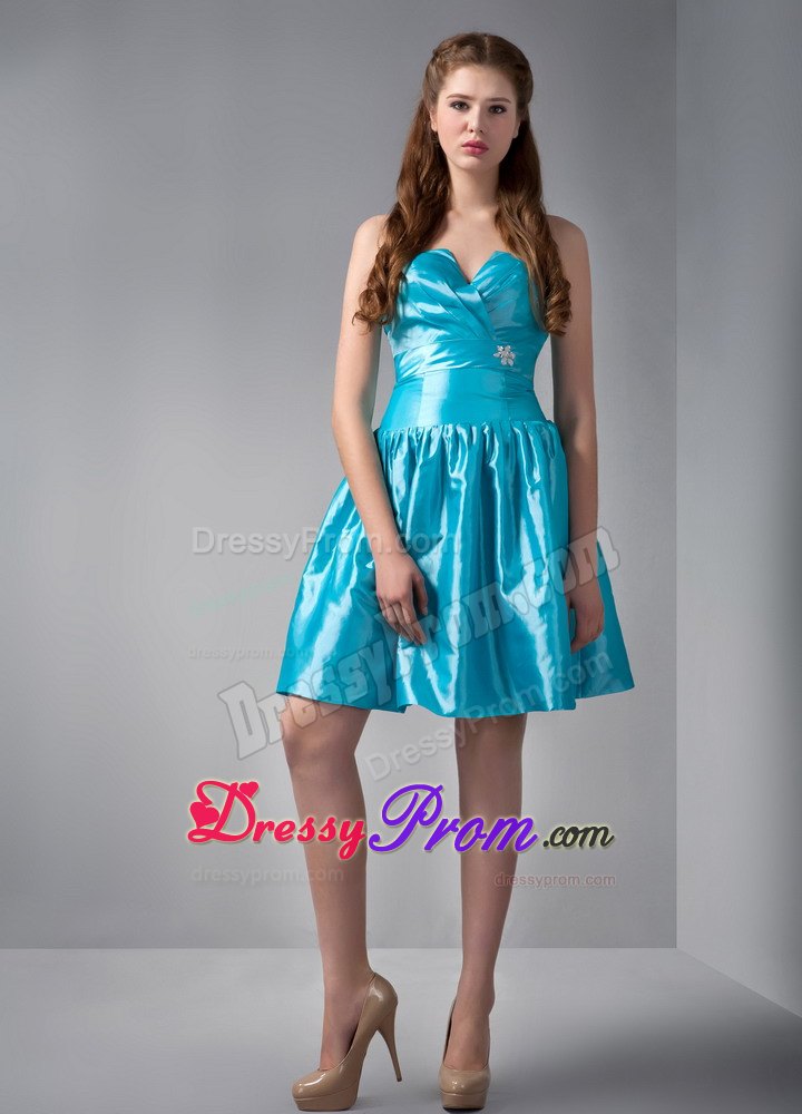 Blue A-line V-neck Mini-length Beading Ruched Prom Dress