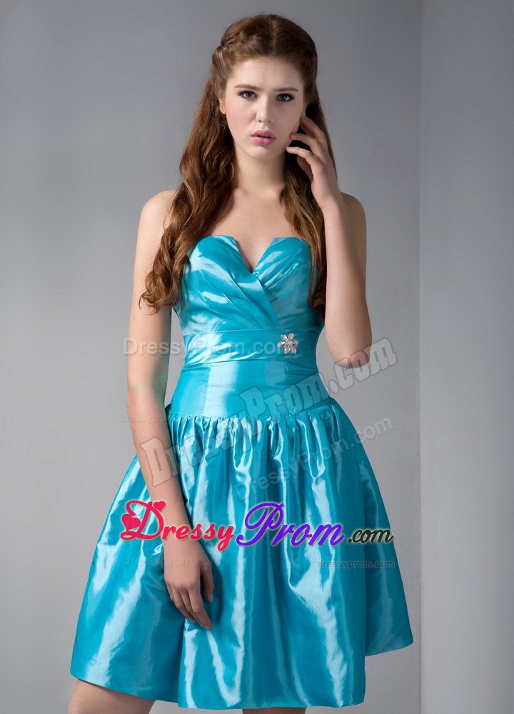 Blue A-line V-neck Mini-length Beading Ruched Prom Dress