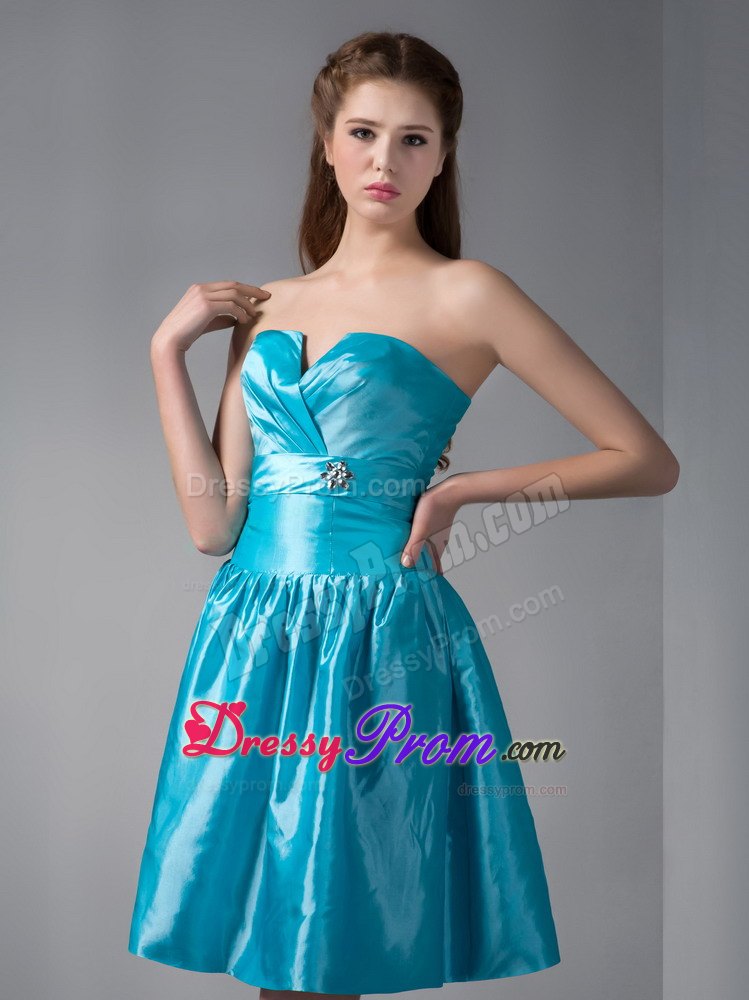 Blue A-line V-neck Mini-length Beading Ruched Prom Dress