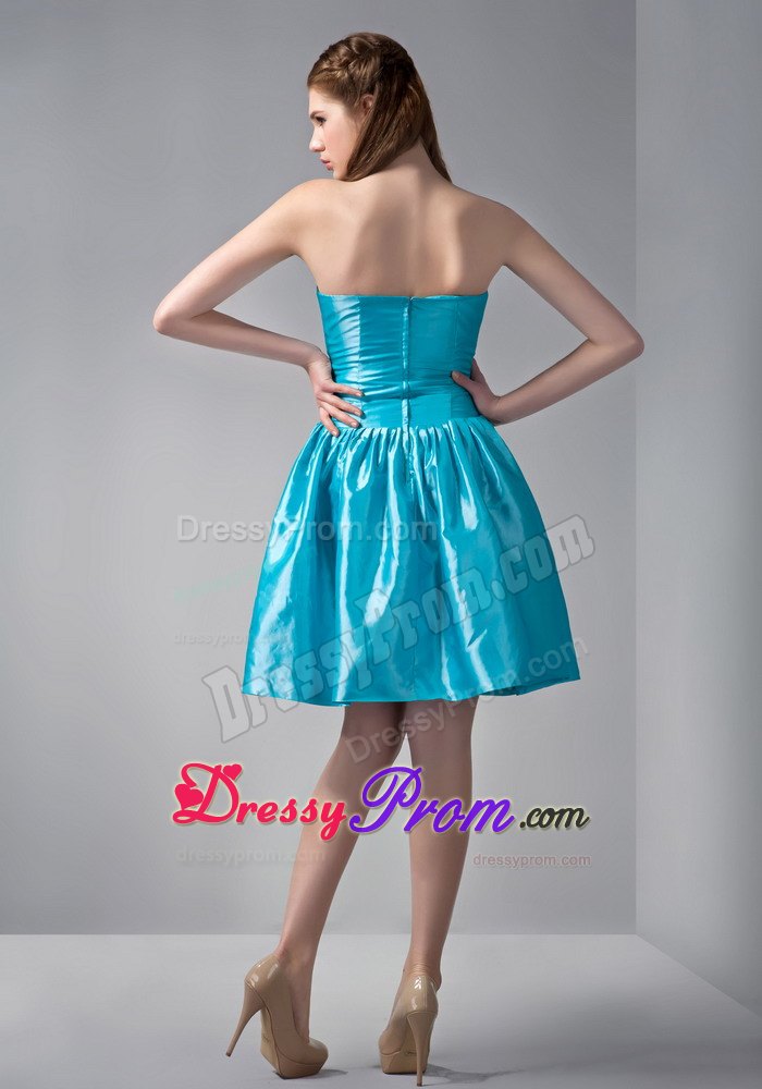 Blue A-line V-neck Mini-length Beading Ruched Prom Dress
