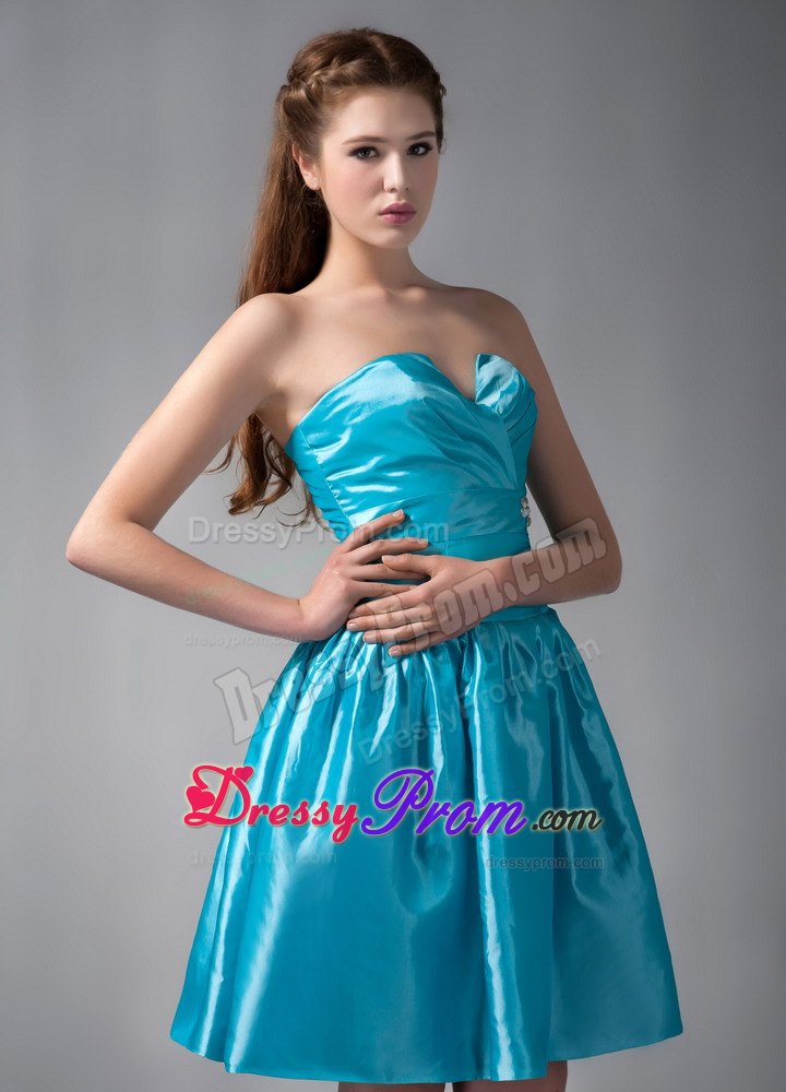 Blue A-line V-neck Mini-length Beading Ruched Prom Dress