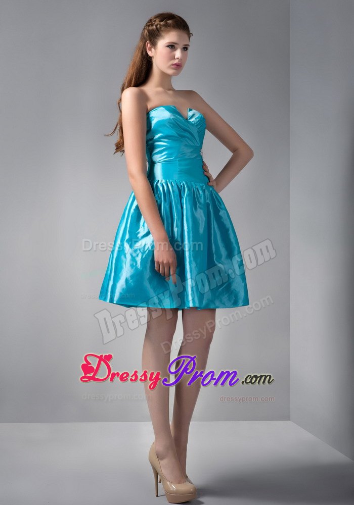Blue A-line V-neck Mini-length Beading Ruched Prom Dress