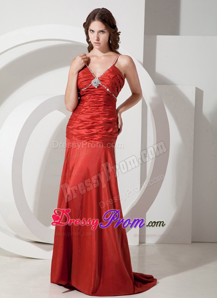Custom Made Red Straps Ruched Beading Taffeta Prom Gown Dress