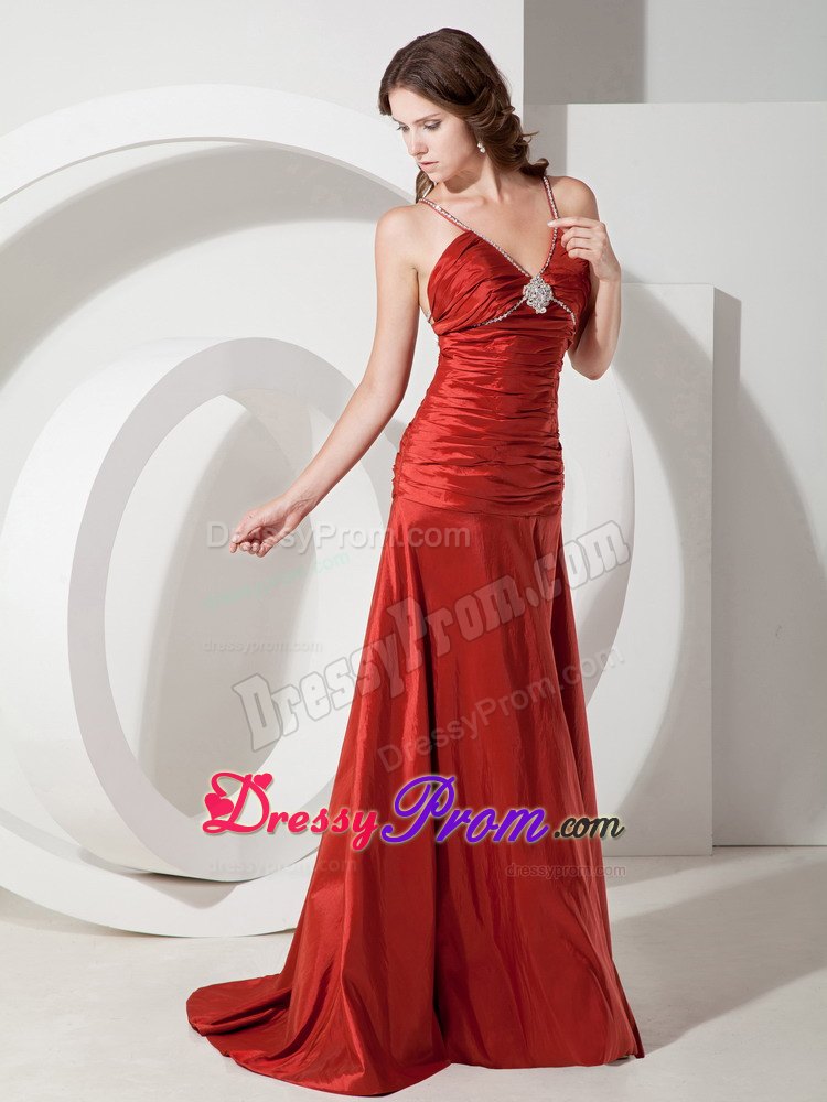 Custom Made Red Straps Ruched Beading Taffeta Prom Gown Dress