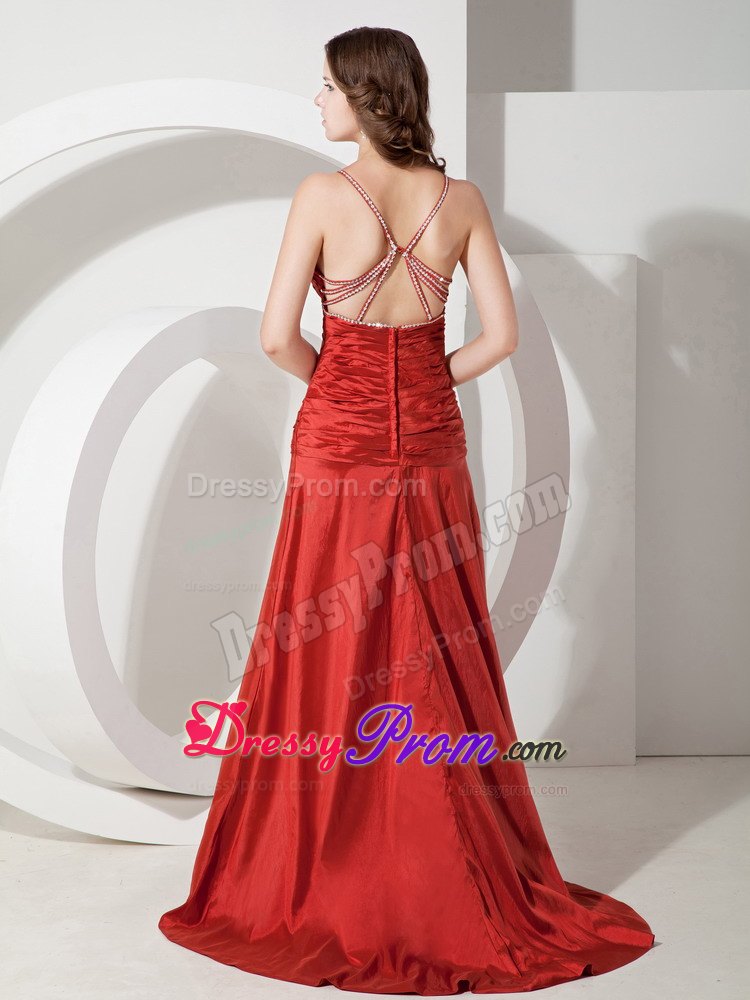 Custom Made Red Straps Ruched Beading Taffeta Prom Gown Dress