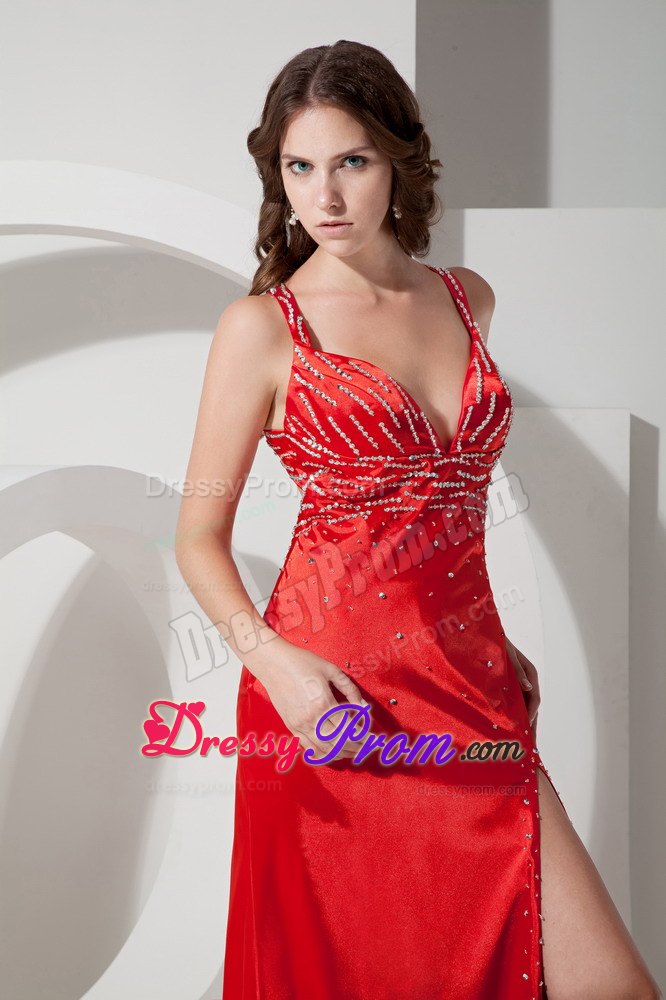 Discount Beading Column Straps Criss Cross High Slit Prom Gown