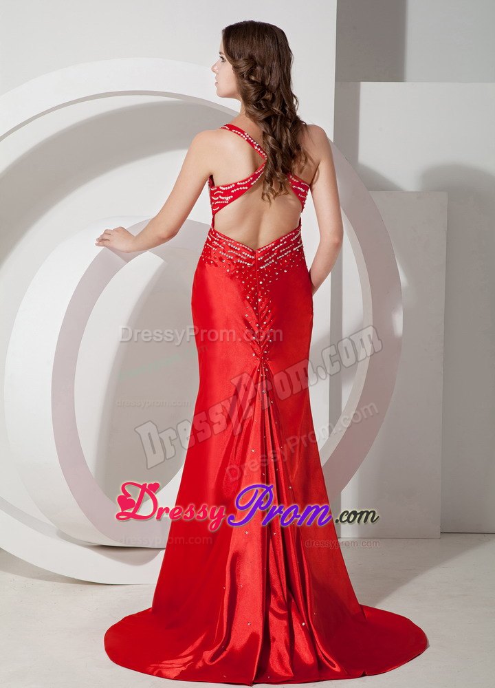 Discount Beading Column Straps Criss Cross High Slit Prom Gown