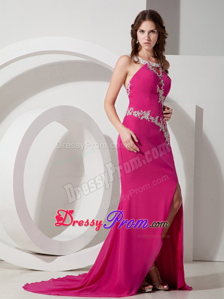 Customize Hot Pink Mermaid Appliques Sweep Chiffon Prom Dresses