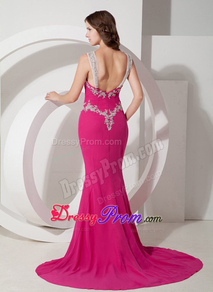 Customize Hot Pink Mermaid Appliques Sweep Chiffon Prom Dresses
